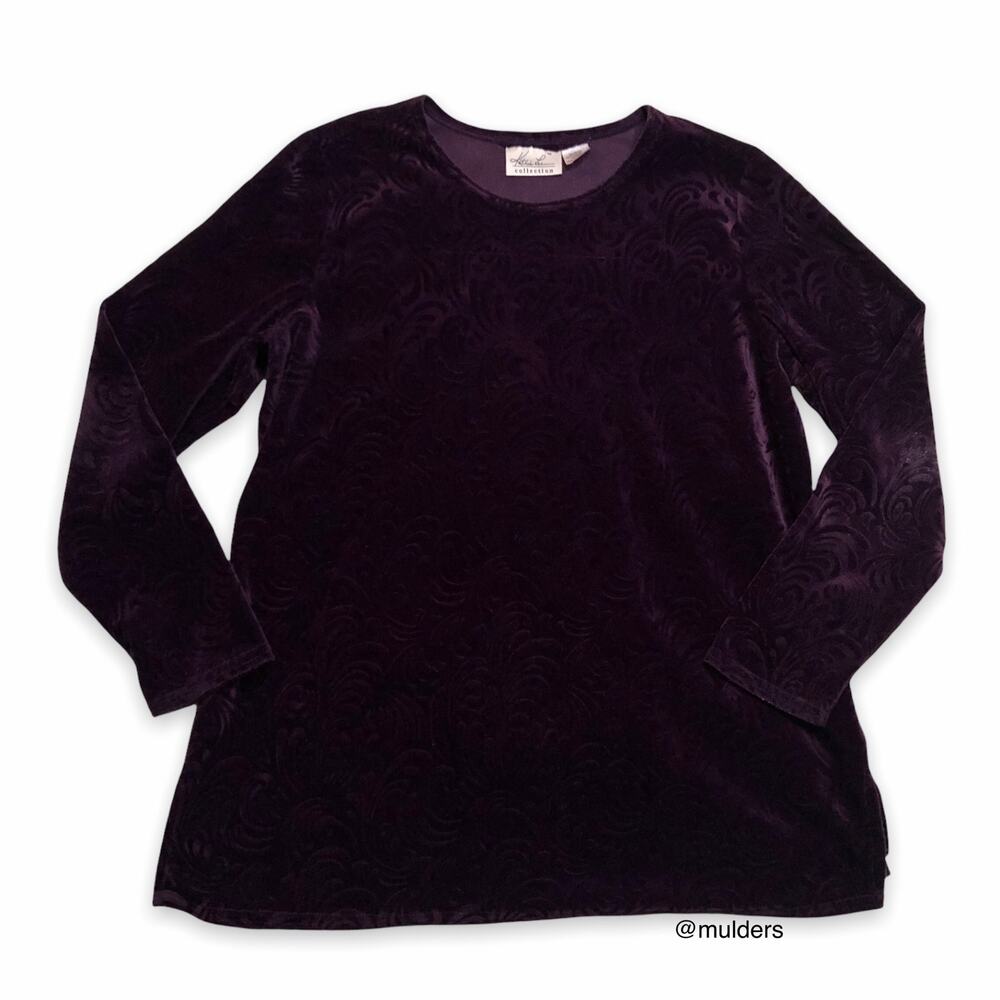 Vintage 90s Kathie Lee Dark Purple Velour Long Sleeve Shirt Top